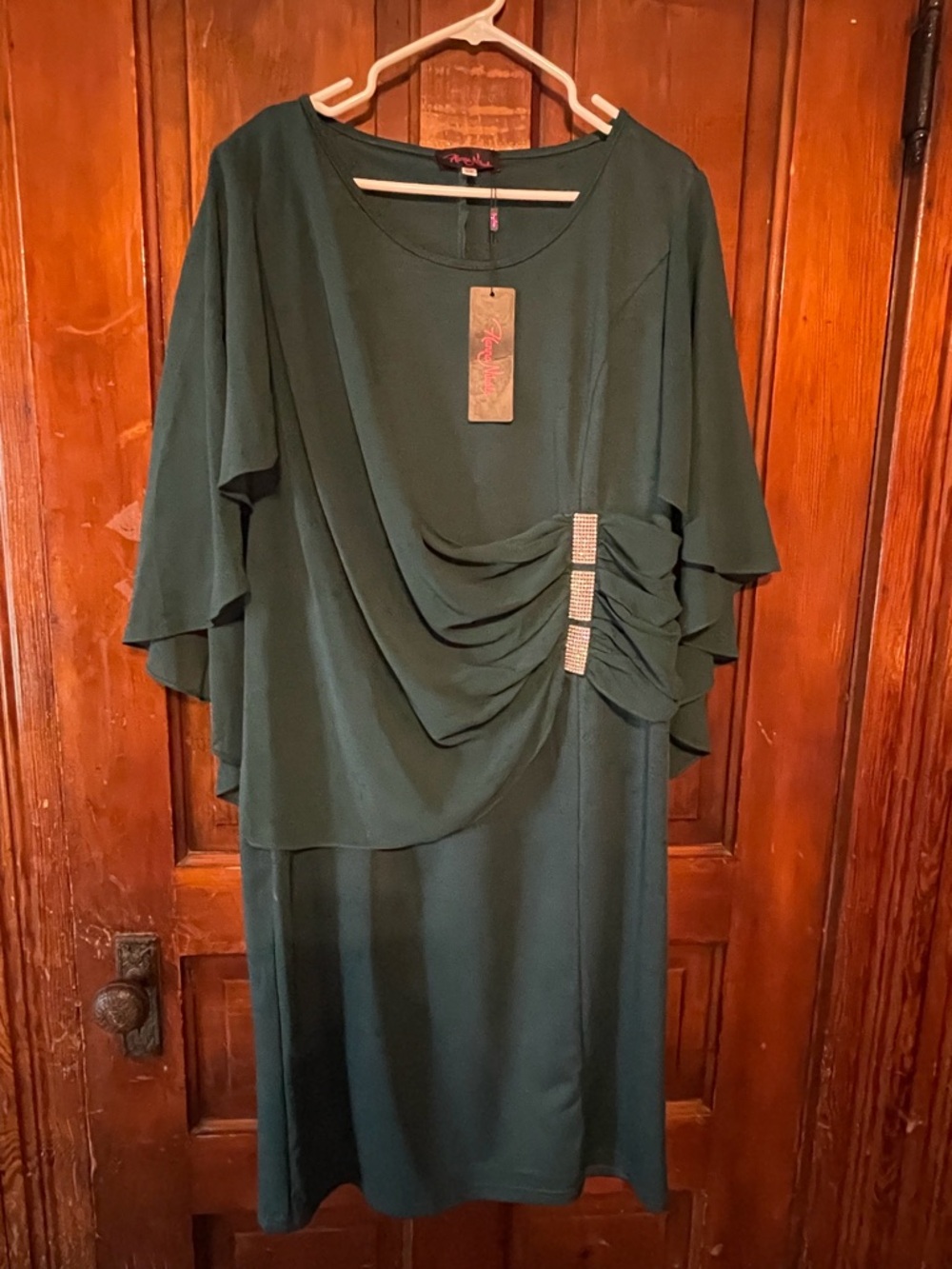 Elegant Forest Green Draped Women’s Dress with Rhinestone Accents NWT